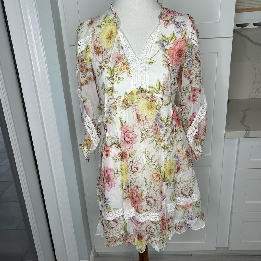 Hale Bob Women’s Floral And Lace Ruffle Long Sleeve Dress Lined Size XS Pockets